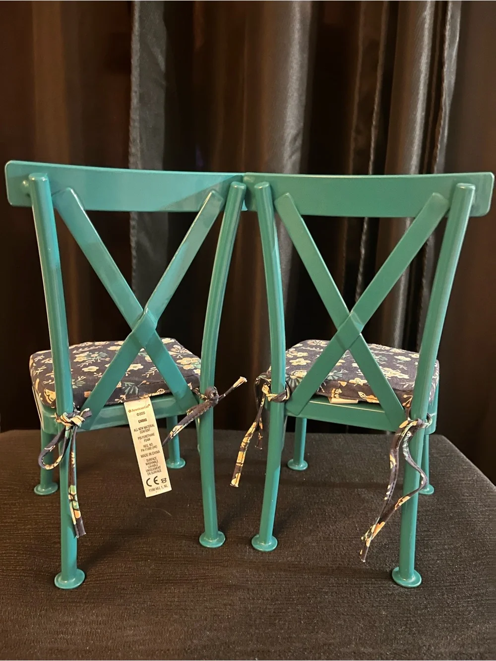Doll house American Girl Teal Chairs with Navy Floral Cushions